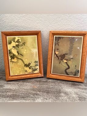 Vintage Framed Botanical Sparrow Art Prints Set of 2 Asian Style Wood Frames